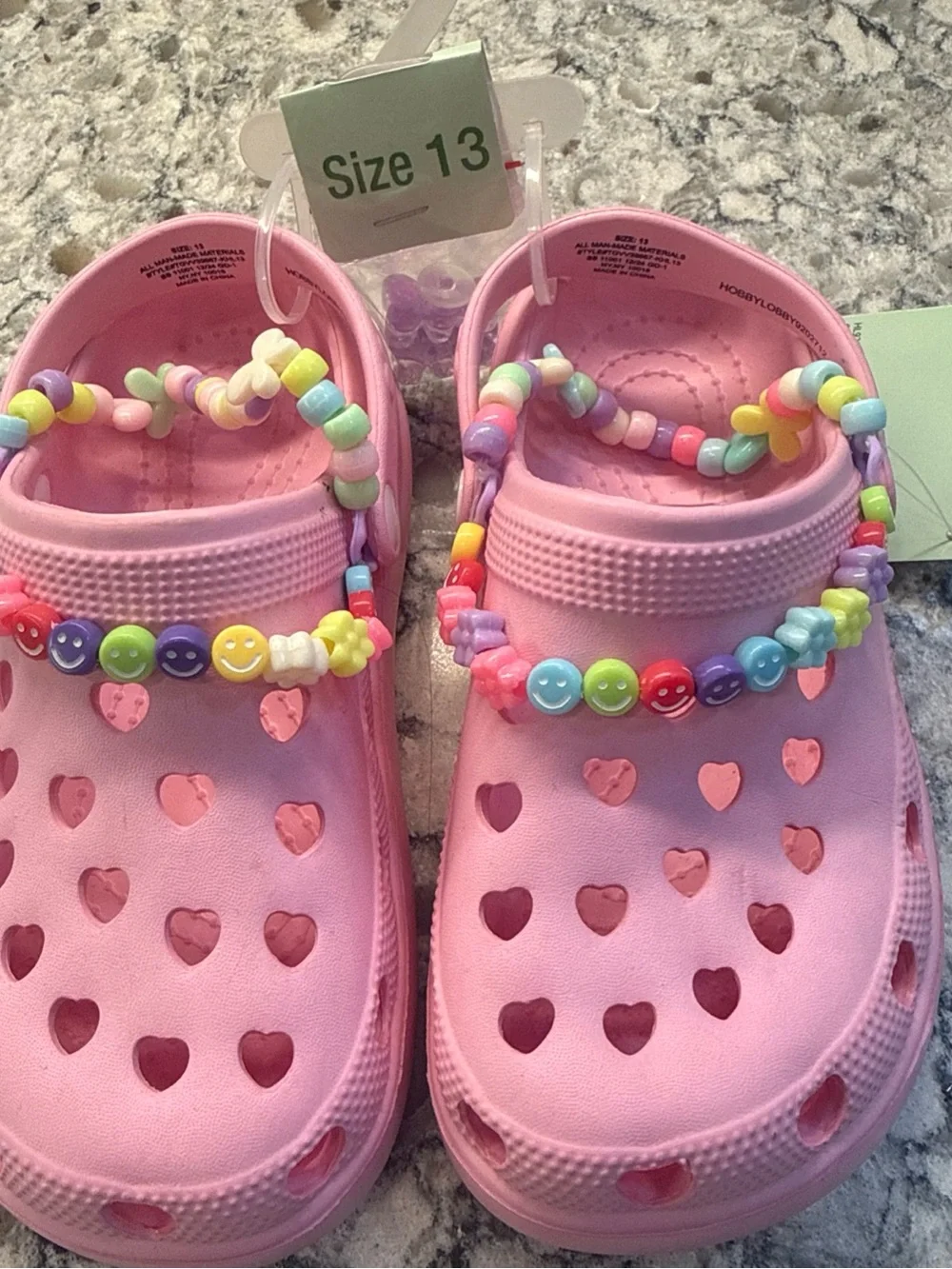 Kids Pink Heart Clog “Croc Like” Sandals with Beaded Strap and bag of charms.